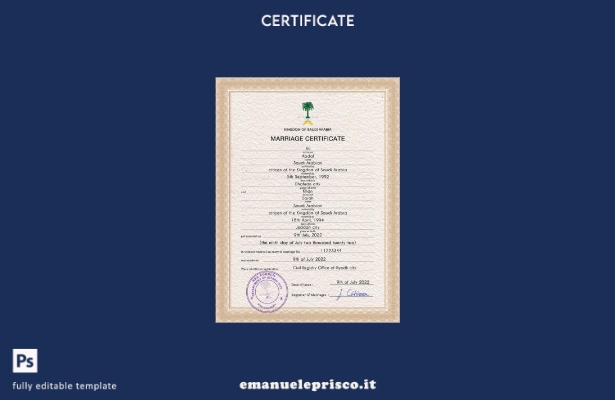 modello PSD di certificato di matrimonio in stile verificato dell'Arabia Saudita